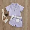 Conjuntos de roupas criança bebê meninas roupas verão manga curta lapela colarinho botão-para baixo blusa tops shorts cinto moda