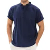 Erkekler Tişörtleri Elbise Gömlek Düğmesi Erkek İlkbahar ve Yaz Düz Renk Üst Rahat Pamuk Stand Yakası Uzun Kollu Moda