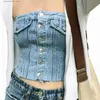 Women's Tanks Camis Women Blue Denim Corset Bustier Crop Top Female Off Shoulder Sleeveless Buttoned Bandeau Tube Y2k Fashion Summer Tops Streetwear T230605