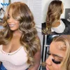 Brazilian Hair Highlight Blond Spets Frontal Peruk Naturlig Hårlinje Högtemperatur Fiber Body Wave Svart/Rosa/Blond/Röd Syntetisk spets Frontal Peruk För Vita Kvinnor