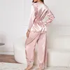 Kadın pijama dişi pijamalar seti seksi v yaka dantel trim pijamas takım elbise pembe uzun kollu hırka uyku gevşek saten homewear