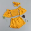 Conjuntos de ropa de 1 a 6 años, moda de verano para chico y niña, ropa de manga corta con hombros descubiertos, Tops cortos, diadema, atuendo de 3 uds.