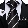 Bow Ties White Striped Black Silk For Men Handkerchief Cufflinks Wedding Party Accessories 8cm Neck Tie Set Wholesale