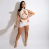 Werk Jurken Sexy Parels Strass 3 Stuk Rok Set Vrouwen Outfits Clubwear Party Halter Corset Crop Top Ruches Mini Bijpassende Sets