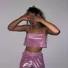 Calças femininas de duas peças Conjunto de roupas combinando Festival Bling Glitter Feminino Y2K Top cropped com amarração e roupas de terno Clube de festa