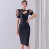 Casual Dresses Formal Dress Black Mesh Lace-Up Puff Sleeve Split Pencil 2023 Elegant Summer Slim Bodycon Office Lady Lady