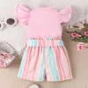 Conjuntos de roupas de verão para meninas casuais com manga mosca, blusas rosa e shorts listrados com cinto, roupas de bebê, crianças, roupas infantis