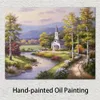 Contemporary Village Landscape Country Chapel Sung Kim Painting Handmade Canvas Art for Hotel Lobby Wall