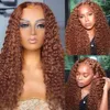 Brazylijska Ginger Curly Lase Front Human Hair Peruki dla kobiet luźne perukę głębokiej fali czerwone bordowe peruki kolorowe syntetyczne perukę