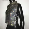 Women's Tanks Camis Sexy Rhinestone Backless Party Crop Top Women Glitter Turtleneck TShirt Adjustable Metal Chain Summer Nightculb Diamond Tank Top T230605