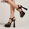 Nxy Sandals 2023 New Brand Buckle Strap Modern Women Party Nightclub Summer Sexy Platform Square High Heel Rome Shoes 230511