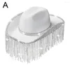 Berets Frauen Mode Strass Pailletten Fransen Cowgirl Hut Krempe Breite Einstellbare Western Party Kordelzug Jazz Cap Top Cowboy E6M8