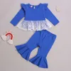 Ensembles de vêtements 2 pièces Ensemble de costume pour enfants Garniture en dentelle col rond Hauts à manches longues et pantalon évasé de couleur unie pour filles de 1 à 5 ans