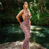 الفساتين غير الرسمية Maxi Dress Wave Print Mesh Harter Halter Women Sexy Deep V DEACT BACKLONDLOS SLIM ROBE Summer Beach Admits Outfits