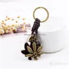 Nyckelringar Retro Metal Maple Leaf Keychain Leather Keyring Bag Hangings Ornament Fashion Jewelry Drop Delivery DHRTV