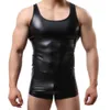 Tank Top Solid Color Men Slim Top Vest Sleeveless Sexy Low-cut Faux Leather Gym Tank