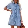 Casual Dresses For Women Fashion 2023 Summer European And American Washed Denim Lapel Loose Sweet Ruffled Jeans Dress Short Skirt