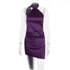 Casual Dresses Soolasea 2023 Summer Sexig Stain Halter Purple Dress Kvinnor ärmlös oregelbunden bodycon kläder party klubb rygglös mini