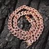 9 mm Iced Out Damen-Halskette, Roségold, Metall, kubanischer Link, voll mit rosa Zirkonia-Steinen, Kette, Schmuck215l