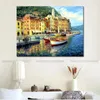 Handmade Impressionist Canvas Wall Art Portofino Landscape Painting Contemporary Bathroom Decor