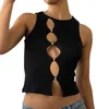 Tanks Camis Damen Einfarbig Tank Rundhalsausschnitt ärmellos Perlenverzierung hohl Sommer taillierte Weste freigelegt Navi Crop Top Straßenkleidung P230605