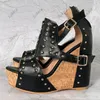 Sukeia Real Photos Women Platform Sandals Wedges Heels Studded Round Toe Elegant Black Party Shoes Ladies US Plus Size 5-20