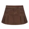 Skirts Summer denim Womens Prep Mini Pleated Dress Sexy Academic Girl Brown miniskirt Street Fashion Retro Skirt G220605 IV68