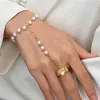 Link Bracelets Simple Gold Metal Finger Ring Connected For Women Exquisite Elegant Heart Chain Pearl Wristband Jewelry