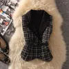 Kvinnors västar kvinnor vintage ärmlös beskuren Tweel Coat Korean Fashion V-hals blazer med bälte Autumn Winter Plaid Casual Waistcoat 2xl