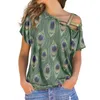 T-shirts pour femmes Vêtements pour femmes Été Plumes colorées Imprimer T-shirt ample respirant avec épaule oblique Manches courtes Tops décontractés