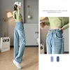 Jeans femme rétro bleu clair taille haute droite femmes Vintage classique Highstreet pleine longueur Denim pantalon 2023 pantalon A210