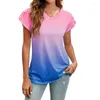 Damesblouses Dames Top V-hals Petal Sleeve Gradiënt Contrastkleur Ruimvallend Alledaagse kleding Halflang Dun Tie-dye Lady T-shirt Vrouwelijke kleding