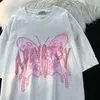 Kvinnors t-shirt Cotton American Street Creative Butterfly Printing kortärmad t-shirt för kvinnor överdimensionerade sommar lösa par halvärmad topp 230606