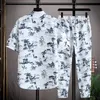 Mens Tracksuits Shirt trousers summer Chinese Style printing men shirt Cotton shirts mens casual elastic waist size M5XL 230605