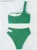 Kvinnors badkläder Sexig en axelbikini Kvinnor Glänsande solid Green Cut Out Push Up Two Piece Swimsuit 2023 Summer Bathing Suit High midje Badkläder T230606