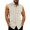 Summer Top Shirt Men Tank Top Turn Down Gola Camisas Sem Mangas Bolso Imitação de Linho Slim Fit Camisa Para Homens Verão