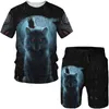 Spårsuits Summer 3D Wolf Pattern Men's T-Shirt/Set Hip Hop O-Neck Kort ärm T-shirt och Two Piece Cool Animal Sportswear P230605