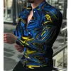 メンズカジュアルシャツ夏のメンズ幾何学的印刷ライトブルーアウトドアストリート長袖ボタントップスポーツファッションシャツ。