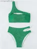 Kvinnors badkläder Sexig en axelbikini Kvinnor Glänsande solid Green Cut Out Push Up Two Piece Swimsuit 2023 Summer Bathing Suit High midje Badkläder T230606