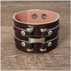 Bangle punk wide läder manschett mtilayer wrap -knapp justerbar armband armband för män kvinnor mode smycken svart droppleverans bra dhmiq