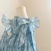 Flickans klänningar Girl Princess Dress with Bow Fashion Designer Blue Party Dress Elegant Vestidos Para Ninas Baby Girl Dress 230606