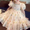 Girl Dresses Girls Princess Dress Summer Beige Elegant With Green Bow Kids Birthday Party Clothes 4-10 Years Old