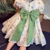 Girl Dresses Girls Princess Dress Summer Beige Elegant With Green Bow Kids Birthday Party Clothes 4-10 Years Old