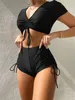 Swim Wear 2023 Plain Drawstring Two Piece Swimsuit Solid Sexy Swimwear Female Bathers Bathing Swimming Suit Summer Beachwear 230605