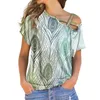T-shirts pour femmes Vêtements pour femmes Été Plumes colorées Imprimer T-shirt ample respirant avec épaule oblique Manches courtes Tops décontractés