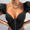 Camisetas de mujer, Top de manga abullonada corta estirada, Top Sexy con cuello en V, cremallera suave, ropa ajustada de verano, Croset de corte bajo