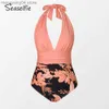 Women's Swimwear SEASELFIE Plunge Halter Ruched One-piece Swimsuit For Women Floral Sexy Backless Monokini Swimwear 2023 Bathing Suit Beachwear T230606