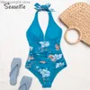 Kvinnors badkläder Seaselfie Blue Floral Halter One-Piece Swimsuit For Women Sexig V-ringning Backless Monokini Badkläder 2023 Baddräkt strandkläder T230606