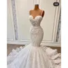 Strap Mermaid Wedding Dresses Illusion Full Spetsapplikationer Crystal Beading Bling Chapel Train 2023 Afrikansk arabisk charmig turkisk plus storlek Formella brudklänningar