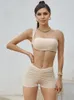 Dames Trainingspakken InGrily Casual Effen 2-delige set Dames Beknopte schuine schouder Mouwloos Blote middenrif Tops Ruches Skinny Shorts Sportief